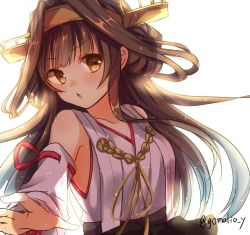 Rule 34 | 10s, 1girl, backlighting, bare shoulders, breasts, brown hair, collarbone, detached sleeves, double bun, emilion, eyebrows, gradient hair, hair bun, headgear, kantai collection, kongou (kancolle), long hair, long sleeves, looking at viewer, medium breasts, multicolored hair, nontraditional miko, open mouth, ribbon, simple background, sleeveless, solo, twitter username, two-tone hair, upper body, white background, yellow eyes, yellow ribbon