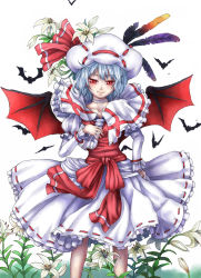 Rule 34 | 1girl, animal, ascot, bat (animal), bat wings, blue hair, bracelet, capelet, collarbone, curiosities of lotus asia, feathers, female focus, flower, hat, hat ribbon, highres, jewelry, lily (flower), long sleeves, puffy sleeves, red eyes, remilia scarlet, ribbon, smile, solo, standing, touhou, wings, yossyzero