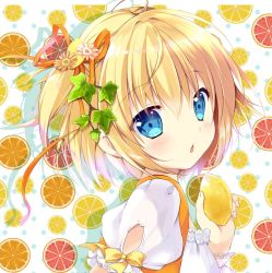 Rule 34 | 1girl, blonde hair, blue eyes, blush, commentary request, food, fruit, hair ornament, highres, holding, lemon, lemon-chan, lemon slice, looking at viewer, looking back, mikeou, open mouth, puffy sleeves, short hair, short sleeves, simple background, solo, upper body