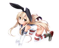 Rule 34 | 10s, 1girl, all fours, animal ears, bare shoulders, black panties, blonde hair, bow, elbow gloves, fake animal ears, full body, gloves, grey eyes, hair bow, highres, kantai collection, long hair, looking at viewer, moegi nenene, no pants, panties, rabbit ears, school uniform, serafuku, shimakaze (kancolle), solo, striped clothes, striped thighhighs, thighhighs, underwear, very long hair, white gloves