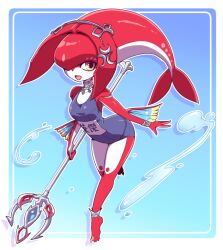 Rule 34 | 1girl, barefoot, blue one-piece swimsuit, brown eyes, colored skin, fins, fish girl, full body, head tail, mipha, monster girl, multicolored skin, nintendo, nollety, one-piece swimsuit, open mouth, polearm, red skin, school swimsuit, smile, solo, swimsuit, the legend of zelda, the legend of zelda: breath of the wild, thighs, trident, weapon, zora