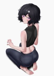 Rule 34 | 1other, absurdres, androgynous, bare arms, barefoot, black hair, black pants, black tank top, from behind, full body, hair ornament, hairclip, highres, kneeling, koha (hlrqkqwd 2652), looking at viewer, looking back, medium hair, midriff, pants, parted lips, purple eyes, simple background, soles, steins;gate, tank top, urushibara ruka, white background