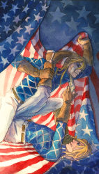 Rule 34 | 2boys, aiming, american flag, bandages, bandage on face, bandages, blonde hair, blue eyes, boots, brown footwear, brown gloves, clenched teeth, diego brando, dual persona, finger on trigger, gloves, gun, handgun, highres, jojo no kimyou na bouken, lying, male focus, multiple boys, nicetoart, on back, painting (medium), revolver, smile, steel ball run, teeth, traditional media, watercolor (medium), weapon
