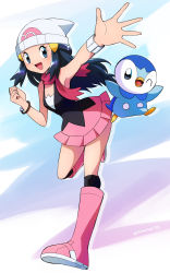 Rule 34 | 1girl, beanie, bird, black shirt, blouse, blue background, blue eyes, boots, bracelet, creatures (company), dawn (pokemon), game freak, gen 4 pokemon, hair ornament, hairclip, hat, highres, jewelry, leg up, nintendo, open mouth, outstretched arm, outstretched hand, penguin, piplup, pleated skirt, pokemon, pokemon (creature), pokemon dppt, sawarabi (sawarabi725), shirt, skirt, smile, socks, thighhighs, watch, wristwatch