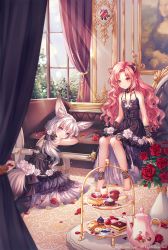 Rule 34 | 2020, 2girls, animal ears, barefoot, black dress, blade &amp; soul, blue eyes, blurry, blurry foreground, cat ears, closed mouth, collarbone, copyright notice, curtains, dessert, dress, fine art parody, flat chest, floating hair, flower, food, fox ears, fox tail, gothic lolita, hair intakes, highres, iyar, lolita fashion, long hair, looking at viewer, mona lisa, mousse (food), multiple girls, parody, pink hair, ponytail, red eyes, red flower, red rose, rose, silver hair, sleeveless, sleeveless dress, smile, sunlight, tail, tart (food), very long hair