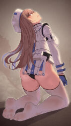 Rule 34 | 1girl, absurdres, ass, black gloves, black panties, blonde hair, blue gloves, breasts, from behind, gloves, goddess of victory: nikke, highres, jacket, kneeling, large breasts, long hair, long sleeves, looking back, multicolored clothes, multicolored jacket, no shoes, official alternate costume, panties, pouch, rapi (nikke), solo, thighhighs, two-tone gloves, underwear, white bag, white headwear, white jacket, white thighhighs, yamauchi (conan-comy)