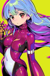 Rule 34 | 1girl, blue hair, bodysuit, breasts, closed mouth, kula diamond, long hair, looking at viewer, medium breasts, multicolored hair, onono imoko, purple bodysuit, purple hair, red eyes, simple background, snk, solo, the king of fighters, two-tone hair, yellow background, zipper