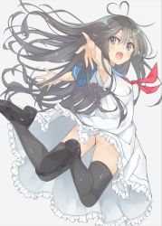 Rule 34 | 1girl, :d, ahoge, armpit peek, ass, black eyes, black footwear, black hair, black thighhighs, blush, dress, fang, from behind, full body, grey background, hair between eyes, kafuka, kafuka (aokaf18), kavka, legs up, loafers, long hair, looking back, neckerchief, open mouth, original, outstretched arms, sailor dress, shoes, short sleeves, simple background, smile, solo, thighhighs, very long hair, white dress
