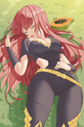Rule 34 | 1girl, breasts, closed eyes, fire emblem, fire emblem engage, highres, long hair, lying, medium breasts, nintendo, on back, on grass, open mouth, outdoors, papaya, red hair, revvie, sleeping, solo, yunaka (fire emblem)