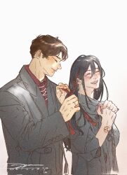 Rule 34 | 1boy, 1girl, black hair, blush, brown hair, closed eyes, collared shirt, dated, eren yeager, facial scar, gi daiyar, grey jacket, hair between eyes, hair ribbon, hand in another&#039;s hair, hands on own chest, highres, jacket, jewelry, laughing, long hair, mikasa ackerman, open mouth, parted lips, red ribbon, red shirt, ribbon, ring, scar, scar on cheek, scar on face, shingeki no kyojin, shirt, short hair, signature, upper body