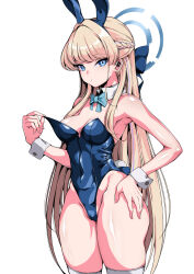 1girl animal_ears aqua_bow aqua_bowtie blonde_hair blue_archive blue_eyes blue_hairband blue_halo blue_leotard bow bowtie breasts covered_navel cowboy_shot detached_collar fake_animal_ears fake_tail hairband halo highleg highleg_leotard leotard leotard_pull long_hair looking_at_viewer official_alternate_costume playboy_bunny rabbit_ears rabbit_tail simple_background solo strapless strapless_leotard tail thighhighs toki_(blue_archive) toki_(bunny)_(blue_archive) tonta very_long_hair white_background white_thighhighs wrist_cuffs