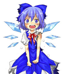 Rule 34 | 1girl, bad id, bad pixiv id, blue eyes, blue hair, bow, cirno, dress, embodiment of scarlet devil, female focus, matching hair/eyes, miya (tsumazukanai), scorch marks, short hair, simple background, solo, tears, torn clothes, touhou, white background, wings
