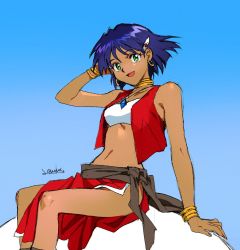 Rule 34 | 1girl, 203wolves, :d, bandeau, blue background, blue hair, bra, bracelet, breasts, cleavage, dark-skinned female, dark skin, earrings, fushigi no umi no nadia, green eyes, hair ornament, hand in own hair, jewelry, looking at viewer, nadia la arwall, navel, neck ring, open mouth, pelvic curtain, red vest, shiny skin, short hair, signature, sitting, sketch, small breasts, smile, solo, underwear, vest, white bandeau, white bra