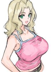 Rule 34 | 1girl, blonde hair, breasts, camisole, girls und panzer, green eyes, highres, huge breasts, kay (girls und panzer), kuppipi ramutarou, looking at viewer, midriff, open mouth, solo