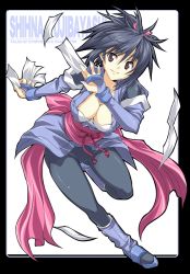 Rule 34 | 00s, 1girl, ayase shinomu, black hair, boots, bow, breasts, character name, cleavage, copyright name, elbow gloves, fingerless gloves, fujibayashi sheena, gloves, huge breasts, japanese clothes, knee boots, leggings, ninja, pink bow, purple eyes, purple footwear, short hair, skin tight, smile, solo, spandex, tales of (series), tales of symphonia