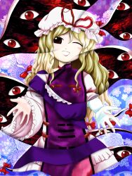 Rule 34 | 1girl, asymmetrical sleeves, blonde hair, commentary, cowboy shot, double exposure, dress, dual persona, elbow gloves, frills, gap (touhou), gloves, hat, hat ribbon, highres, imperishable night, long hair, long sleeves, looking at viewer, mob cap, one eye closed, parasite oyatsu, perfect cherry blossom, puffy short sleeves, puffy sleeves, purple dress, purple tabard, red eyes, red ribbon, ribbon, short sleeves, single glove, smile, solo, standing, tabard, touhou, wavy hair, white dress, white gloves, white hat, wide sleeves, yakumo yukari, zun (style)