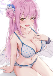 1girl alternate_costume angel_wings blue_archive blue_flower blush bra breasts cleavage collarbone commentary feathered_wings flower hair_bun hair_flower hair_ornament hair_ribbon halo heartsix highres huge_breasts long_hair low_wings mika_(blue_archive) navel open_mouth panties pink_hair pink_halo purple_scrunchie ribbon scrunchie shiny_skin simple_background single_side_bun smile solo stomach teeth thighs underwear underwear_only upper_teeth_only white_background white_bra white_panties white_ribbon white_wings wings wrist_scrunchie yellow_eyes