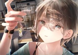 Rule 34 | 1girl, arm up, bra strap, bracelet, brown hair, commentary request, cup, drinking glass, hair between eyes, highres, holding, holding cup, indoors, jewelry, long sleeves, looking away, looking up, nyaon oekaki, original, parted lips, plant, potted plant, shirt, short hair, signature, solo, water