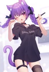 Rule 34 | 1girl, absurdres, animal ear fluff, animal ears, black ribbon, black thighhighs, blurry, blurry background, blush, bra strap, braid, cat ears, cat girl, cat tail, choker, commentary request, cowboy shot, fang, garter straps, hair between eyes, hair ribbon, hands up, highres, hood, hood down, hoodie, no pants, one eye closed, open mouth, original, purple hair, red eyes, ribbon, sapphire (sapphire25252), short sleeves, single thighhigh, skin fang, solo, sparkle background, star-shaped pupils, star (symbol), symbol-shaped pupils, tail, tears, thighhighs, twin braids