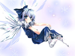 Rule 34 | 1girl, blue dress, blue eyes, cirno, crystal, dress, embodiment of scarlet devil, flying, full body, ice, ice wings, looking at viewer, puffy short sleeves, puffy sleeves, sho (runatic moon), short sleeves, silver hair, socks, solo, touhou, white socks, wings