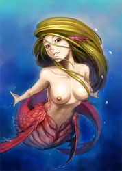 Rule 34 | 1girl, artist request, blonde hair, blue background, breasts, bubble, censored, completely nude, convenient censoring, fins, floating hair, foreshortening, hair censor, hair over breasts, hair over one breast, head fins, kometani hisanobu, large breasts, long hair, looking at viewer, md5 mismatch, mermaid, monster girl, nipples, nude, nudist, original, red eyes, resolution mismatch, scales, skinny dipping, smile, solo, source larger, source request, swimming, underwater, zenra