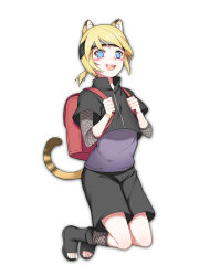 Rule 34 | 1boy, :d, animal ears, backpack, bag, black footwear, black shorts, blonde hair, blue eyes, blush stickers, boruto: naruto the movie, cat boy, cat ears, cat tail, crop top, fishnet socks, fishnets, forehead protector, full body, greetload, high collar, holding strap, kemonomimi mode, kneehighs, layered sleeves, long hair, long sleeves, looking at viewer, low ponytail, male focus, naruto, naruto (series), open mouth, randoseru, shoes, short over long sleeves, short sleeves, shorts, simple background, smile, socks, solo, tail, toeless footwear, trap, yamanaka inojin