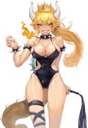 Rule 34 | 1girl, absurdres, adapted costume, arm behind back, armlet, black nails, blonde hair, blue eyes, blue gemstone, bowsette, bracelet, breasts, breath weapon, breathing fire, cleavage, clenched teeth, clothing cutout, collar, cowboy shot, crown, earrings, fire, gem, hair between eyes, halterneck, highres, horns, jewelry, large breasts, leotard, long hair, looking at viewer, mario (series), nail polish, new super mario bros. u deluxe, nintendo, parted bangs, pointy ears, ponytail, romana, sharp teeth, side cutout, simple background, skindentation, smile, solo, spiked armlet, spiked bracelet, spiked collar, spikes, standing, super crown, tail, teeth, thick eyebrows, thigh strap, thighs, v-shaped eyebrows, whip, white background