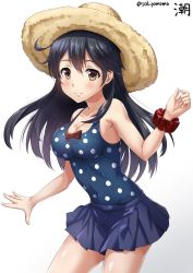 Rule 34 | 10s, 1girl, ahoge, alternate costume, armpits, artist name, bare arms, bare shoulders, black hair, blue one-piece swimsuit, blue skirt, blush, bow, breasts, brown eyes, brown hat, cleavage, closed mouth, contrapposto, covered navel, cowboy shot, hat, kantai collection, long hair, looking at viewer, medium breasts, one-piece swimsuit, polka dot, polka dot swimsuit, red bow, sakiyamama, scrunchie, shiny skin, simple background, skirt, smile, solo, standing, straw hat, swimsuit, tareme, twitter username, ushio (kancolle), white background, wrist scrunchie