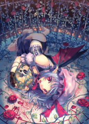 Rule 34 | 1girl, bare shoulders, barefoot, bat wings, birdcage, blood, blue hair, breasts, cage, cleavage, corset, detached sleeves, female focus, fingerless gloves, flower, frills, gloves, hat, hat ribbon, holding, kitiroku, light purple hair, lying, necktie, on side, open mouth, pointy ears, red eyes, remilia scarlet, ribbon, rose, short hair, single glove, skull, sleeveless, slit pupils, solo, toes, tongue, touhou, vampire, wavy hair, wings