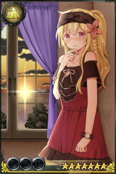 Rule 34 | 1girl, bad id, bad pixiv id, bare shoulders, black bow, blonde hair, blush, bow, braid, card (medium), character request, closed mouth, cloud, cloudy sky, collarbone, curtains, dress, flower, hair between eyes, hair flower, hair ornament, hand on own chin, hand up, horizon, indoors, inishie no megami to houseki no ite, kurata rine, long hair, looking at viewer, nose blush, ocean, off-shoulder dress, off shoulder, official art, polka dot, polka dot dress, red dress, red eyes, red flower, short sleeves, side braid, single braid, sky, solo, standing, sunlight, sunset, sweat, tears, water, window