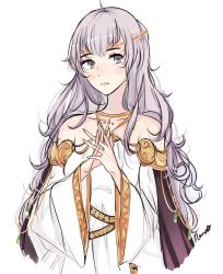 Rule 34 | 1girl, artist name, bare shoulders, circlet, deirdre (fire emblem), fire emblem, fire emblem: genealogy of the holy war, highres, jewelry, long hair, nana (mizukas), necklace, nintendo, purple eyes, purple hair, simple background, solo, upper body, white background