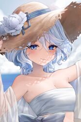 Rule 34 | 1girl, absurdres, bare shoulders, blue eyes, blue hair, blush, breasts, cleavage, closed mouth, cloud, cloudy sky, commentary, drop-shaped pupils, flower, furina (genshin impact), genshin impact, hat, hat flower, heterochromia, highres, horizon, light blue hair, long hair, looking at viewer, medium breasts, mismatched pupils, multicolored hair, ocean, outdoors, see-through, sky, smile, solo, strapless, straw hat, streaked hair, sun hat, symbol-shaped pupils, tube top, ueng, upper body, white tube top