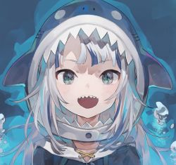 Rule 34 | 1girl, :d, air bubble, animal hood, blue eyes, blue hair, bubble, close-up, commentary, gawr gura, gawr gura (1st costume), hololive, hololive english, hood, long hair, looking at viewer, multicolored hair, open mouth, shark hood, sharp teeth, shihou (g-o-s), smile, solo, streaked hair, teeth, two-tone hair, underwater, virtual youtuber, white hair