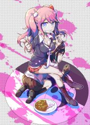 Rule 34 | 2girls, all fours, black footwear, black hair, black shirt, blonde hair, blood, blood splatter, blue eyes, bow, brown gloves, brown skirt, calf boots, calf socks, danganronpa: trigger happy havoc, danganronpa (series), dotted background, enoshima junko, eyebrows, fake nails, femdom, food, full body, gloves, grin, hair bow, hair ornament, high heeled boots, ikusaba mukuro, incest, looking at another, looking at viewer, multiple girls, nail polish, necktie, open mouth, pink blood, plaid, plaid skirt, pleated skirt, pointing, pointing at viewer, rabbit hair ornament, red bow, red nails, red skirt, rice, shirt, siblings, simple background, sisters, sitting, sitting on person, skirt, smile, teeth, twincest, twins, twintails, white bow, white necktie, white shirt, yuri