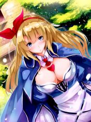 Rule 34 | 1girl, alicia (queen&#039;s blade), blonde hair, blue eyes, blush, breasts, denizen tomo, female focus, hair ribbon, highres, large breasts, necktie, queen&#039;s blade, queen&#039;s blade grimoire, red ribbon, ribbon, self-upload, solo, tree