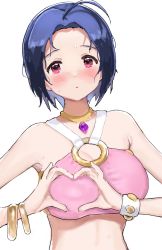 Rule 34 | 1girl, :o, ahoge, bad id, bad twitter id, blue hair, blush, bracelet, crop top, dark blue hair, forehead, heart, heart hands, highres, hitodama (madatohi), idolmaster, idolmaster (classic), idolmaster million live!, jewelry, looking at viewer, miura azusa, o-ring, o-ring top, parted bangs, pink shirt, red eyes, shirt, short hair, simple background, sleeveless, sleeveless shirt, solo, sweat, sweatdrop, upper body, white background
