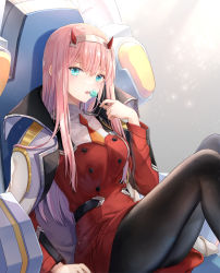 Rule 34 | 1girl, absurdres, black pantyhose, breasts, candy, darling in the franxx, dress, food, green eyes, highres, holding, holding candy, holding food, holding lollipop, horns, jacket, lollipop, looking at viewer, luli ovo, medium breasts, military, military jacket, military uniform, oni horns, open mouth, pantyhose, pink hair, red dress, red horns, sitting, solo, uniform, white jacket, zero two (darling in the franxx)