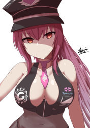 Rule 34 | 1girl, absurdres, alternate costume, alternate hairstyle, bikini, black bikini, black bodysuit, black hat, bodysuit, breasts, cosplay, covered navel, fate/grand order, fate (series), hair intakes, hat, highres, large breasts, long hair, pantyhose, peaked cap, police hat, ponytail, purple hair, red eyes, sato art, scathach (fate), sesshouin kiara (swimsuit mooncancer) (cosplay), sessyoin kiara, sessyoin kiara (swimsuit mooncancer), sessyoin kiara (swimsuit mooncancer) (second ascension), solo, swimsuit, upper body, white background
