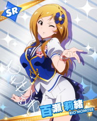 Rule 34 | 10s, 1girl, brown eyes, brown hair, card (medium), gradient background, grateful blue (idolmaster), idolmaster, idolmaster million live!, long hair, looking at viewer, million live card, momose rio, official art, one eye closed, signature, solo, striped, striped background