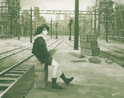 Rule 34 | 1girl, black hair, boots, building, crate, hands in pockets, kensight328, long hair, monochrome, original, outdoors, railroad tracks, shadow, signature, sitting, solo, suitcase, wide shot