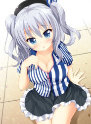Rule 34 | 10s, 1girl, beret, blue eyes, blush, breasts, cleavage, employee uniform, hat, kantai collection, kashima (kancolle), large breasts, lawson, long hair, looking at viewer, maccha, open mouth, silver hair, sitting, solo, twintails, uniform, wavy hair