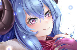 Rule 34 | 1girl, alternate hair color, alternate hairstyle, blue hair, blush, fingerless gloves, fur (clothing), gloves, hair between eyes, highres, horns, japanese clothes, kindred (league of legends), lamb (league of legends), league of legends, long hair, long sleeves, looking at viewer, netisz, official alternate costume, official alternate hairstyle, pink eyes, simple background, solo, spirit blossom kindred, white background, white fur