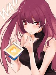 Rule 34 | 1girl, bare shoulders, beige background, black dress, blush, breasts, closed mouth, collarbone, dress, eating, food, girls&#039; frontline, heart, ice cream, long hair, looking at viewer, medium breasts, official alternate costume, purple eyes, purple hair, rushi (bloodc), sidelocks, simple background, solo, strapless, tsurime, tube top, upper body, wa2000 (ballroom interlude) (girls&#039; frontline), wa2000 (girls&#039; frontline)