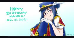 Rule 34 | 1girl, alternate hairstyle, animal print, artist name, artist request, blue dress, blue hair, blue hat, blush, collared shirt, conductor, dress, earrings, epaulettes, feathers, female focus, frog print, gloves, hair between eyes, hair bun, hands on own knees, happy party train, hat, hat feather, head on knees, highres, jewelry, long hair, looking at viewer, love live!, love live! school idol festival, love live! sunshine!!, matsuura kanan, neckerchief, parted lips, purple eyes, purple hair, red neckerchief, red skirt, shirt, short hair, short sleeves, sidelocks, single hair bun, skirt, smile, solo, tempty (tempty 01), temptyowo, two side up, whistle, white feathers, white gloves, white skirt