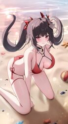 Rule 34 | 1girl, alternate costume, ball, beach, beachball, bell, bikini, bow, breasts, brown hair, cleavage, commentary, criss-cross straps, facial mark, full body, hair between eyes, hair bow, hand on ground, highres, holding own arm, honkai: star rail, honkai (series), kneeling, large breasts, long hair, looking at viewer, mask, mask on head, multiple hair bows, neck bell, parted lips, red bikini, red bow, red eyes, sand, side-tie bikini bottom, solo, sparkle (honkai: star rail), swimsuit, twintails, yeni1871