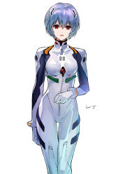 Rule 34 | 1girl, :o, ayanami rei, blue hair, bodysuit, bracer, breasts, clenched hands, cowboy shot, gloves, hair between eyes, hair ornament, looking at viewer, mouri mika, neon genesis evangelion, pilot suit, plugsuit, red eyes, short hair, simple background, small breasts, solo, standing, thigh gap, turtleneck, white background