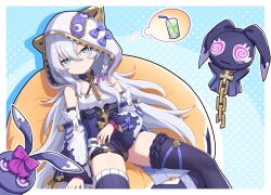 1girl :3 animal_ears animal_hood bare_shoulders bendy_straw black_nails black_thighhighs blue_background blue_bow blue_eyes blue_leotard bow braid breasts chain closed_mouth commentary_request criss-cross_halter cup detached_sleeves drink drinking_glass drinking_straw fake_animal_ears feet_out_of_frame grey_hair hair_between_eyes halterneck heijialan highres honkai_(series) honkai_impact_3rd hood hood_up ice ice_cube leotard long_hair long_sleeves looking_at_viewer nail_polish polka_dot polka_dot_background purple_bow small_breasts solo theresa_apocalypse theresa_apocalypse_(schicksal&#039;s_imperative) thighhighs two-tone_background very_long_hair white_sleeves wide_sleeves