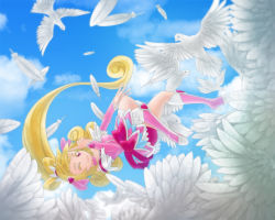 Rule 34 | 1girl, aida mana, boots, bow, cure heart, day, dokidoki! precure, long hair, peaceyj, pink bow, pink footwear, precure, sky, solo, very long hair, wings