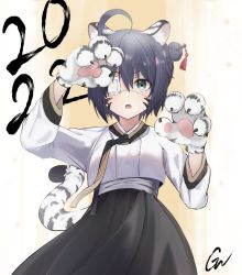 Rule 34 | 1girl, 2022, ahoge, alternate hair ornament, animal ears, animal hands, arm up, bad id, bad pixiv id, bandages, black ribbon, black skirt, blue eyes, brown background, chuunibyou demo koi ga shitai!, claw pose, clothing request, eyepatch, fake whiskers, fang, gunu (nyzn3223), hair ornament, hair stick, hand up, highres, looking at viewer, medical eyepatch, neck ribbon, one side up, open mouth, ribbon, short hair, skirt, solo, tail, takanashi rikka, tiger ears, tiger paws, tiger tail, white background