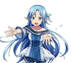 Rule 34 | 1girl, :d, asuna (sao-alo), blue eyes, blue hair, blue shorts, collarbone, cowboy shot, floating hair, long hair, looking at viewer, open mouth, outstretched arms, pointy ears, short shorts, shorts, smile, solo, standing, sword art online, transparent background, very long hair